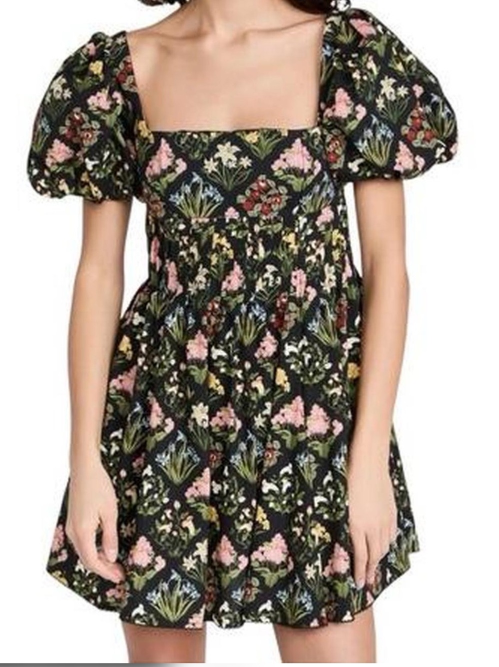 Agua Bendita Black Floral Puff-Sleeve Mini Dress